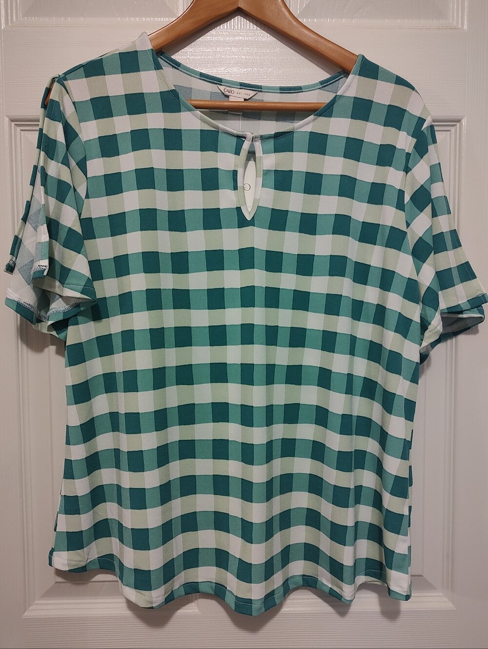 Cato Teal and White Gingham Slit Sleeve Blouse